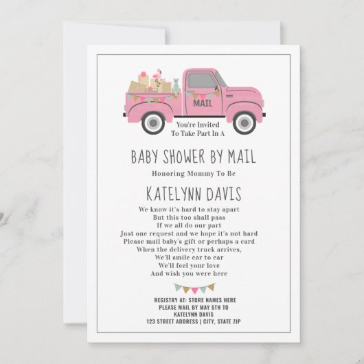 Invitation Camion Distances sociales Baby shower rose par cou (Devant)