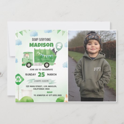 Invitation Camion d'ordures 2e fête d'anniversaire Photo (Devant)