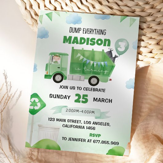 Invitation Camion d'ordures 3e fête d'anniversaire