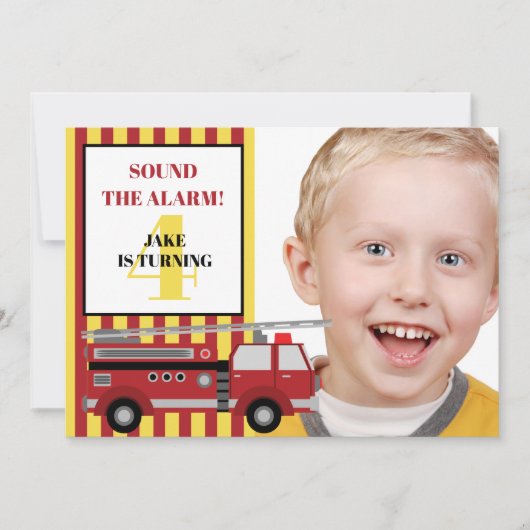 Invitation Camion jaune rouge photo d'enfant 4e anniversaire (Devant)