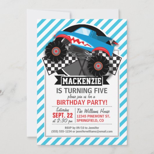 Invitation Camion Monster de requin; Drapeau À damiers; Bleu (Devant)