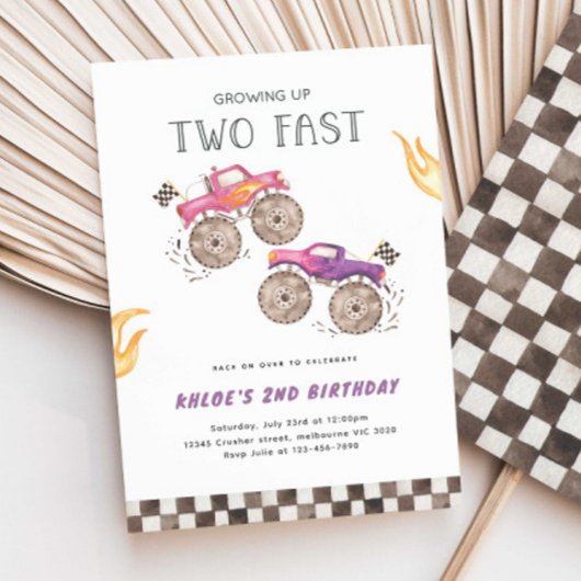 Invitation Camion Monster Rose Girl Deux Anniversaire Rapide