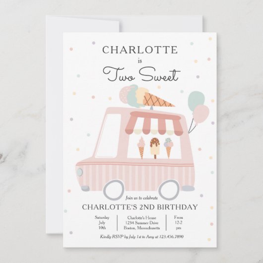 Invitation Camion Pink Ice Cream Deux sucré 2e fête d'anniver (Devant)