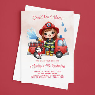 Invitation Camion pompier Fille 5e anniversaire