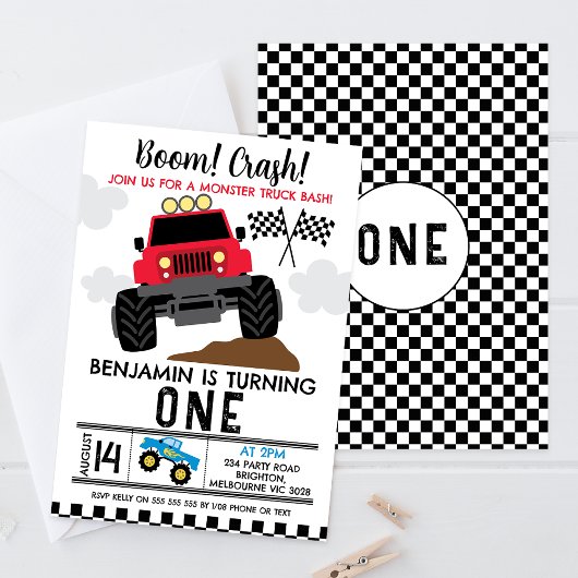 Invitation Camion Red Blue Monster 1er anniversaire