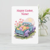 Invitation Camion Rétro Turquoise & Violet avec Œufs de Pâque (Debout devant)