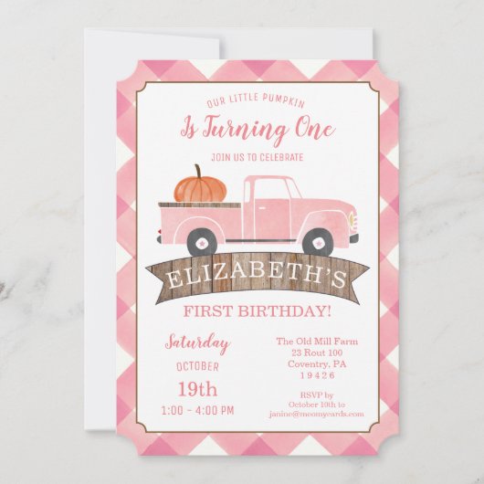 Invitation Camion rose Petite fille CITROUILLE Premier annive (Devant)