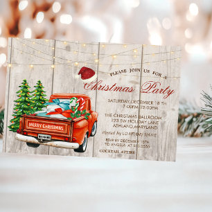 Invitation Camion rouge, arbre de pin illuminé, décor en bois
