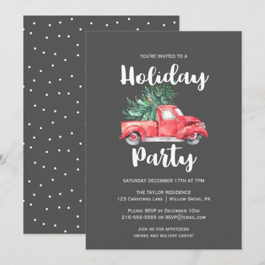 Invitation Camion rouge et arbre | Gray Holiday Party (Devant / Derrière)