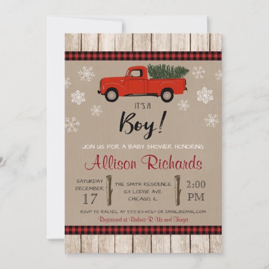 Invitation Camion rouge et flocons de neige baby shower de No (Devant)
