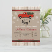 Invitation Camion rouge et flocons de neige baby shower de No (Debout devant)