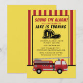 Invitation Camion rouge jaune rayures enfant anniversaire (Devant / Derrière)