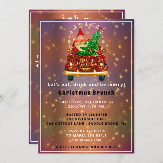 Invitation Camion Rouge Joyeux Noël Arbre Brunch Rose dîner (Devant / Derrière)