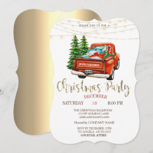 Invitation Camion rouge pins arbres,Lumières dorées Fête de N
