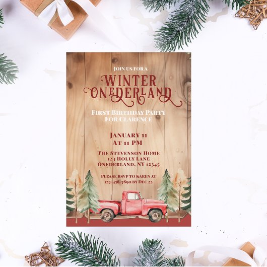 Invitation Camion Rouge Rustique Hiver Onederland Anniversair