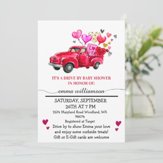 Invitation Camion rouge Valentine | Lecteur par Baby shower (Debout devant)