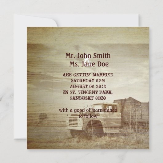 Invitation Camionnette de Ferme Rustique Mariage Western Camp (Dos)