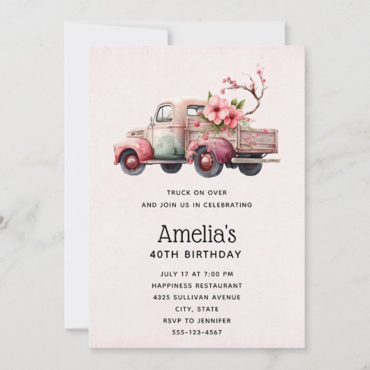 Invitation Camionnette de fermier vintage rose pour anniversa (Devant)