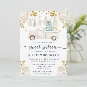 Invitation Camionnette Florale Blanc Hiver & Or Douce 16