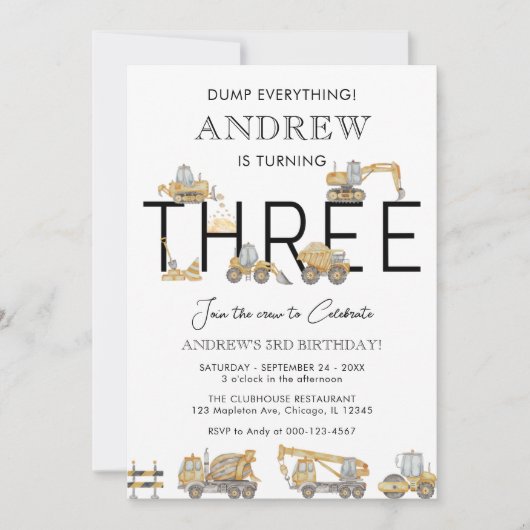 Invitation Camions de construction 3e anniversaire de fête In (Devant)