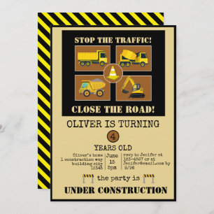 Invitation Camions de construction Boys Thématique fête d'a