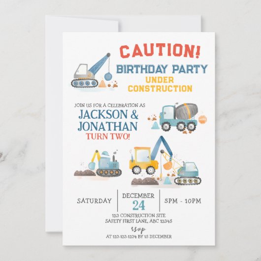 Invitation Camions de Construction, Fête d'anniversaire pour  (Devant)