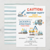Invitation Camions de Construction, Fête d'anniversaire pour  (Devant / Derrière)