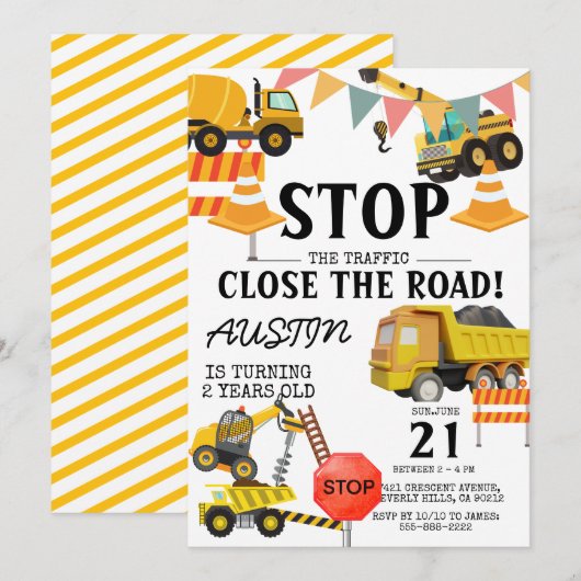 Invitation Camions de Construction | Fête d'anniversaire pour (Devant / Derrière)