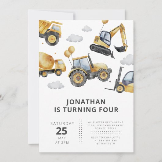 Invitation Camions de construction n'importe quel Anniversair (Devant)