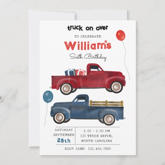 Invitation Camions de ramassage Véhicules mignons Anniversair (Devant)