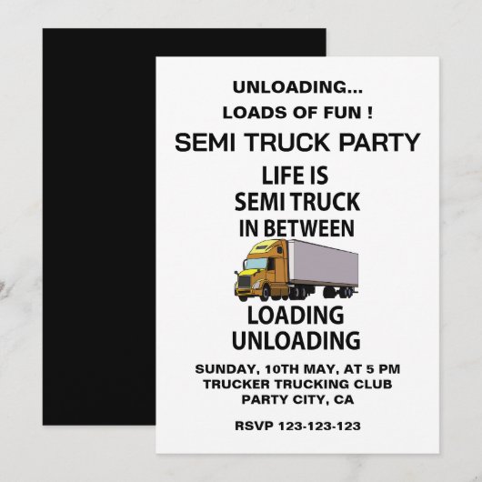 Invitation Camions Semi Camionneur Fête (Devant / Derrière)