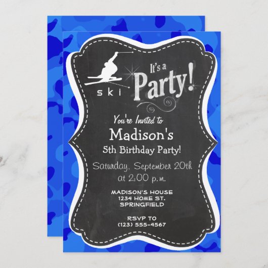 Invitation Camo Bleu; Camouflage Ski De Neige (Devant / Derrière)