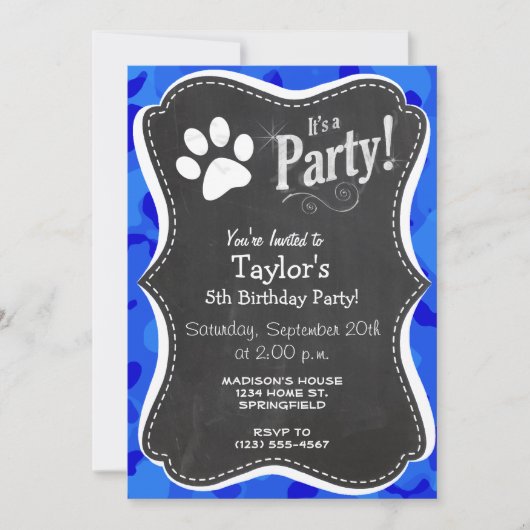 Invitation Camo bleu ; Empreinte de patte (Devant)