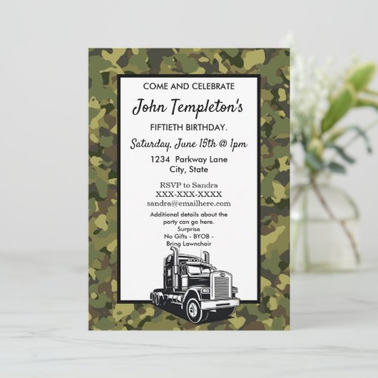 Invitation Camo Camo Truck Driver Camo Cool Anniversaire (Debout devant)