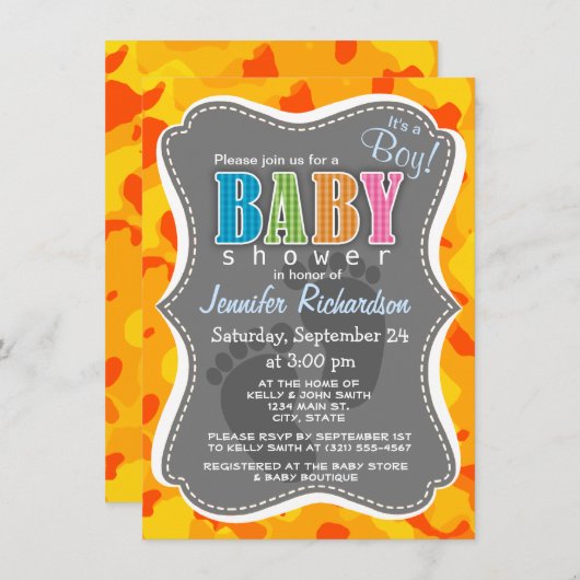 Invitation Camo orange ambre ; Camouflage (Devant / Derrière)