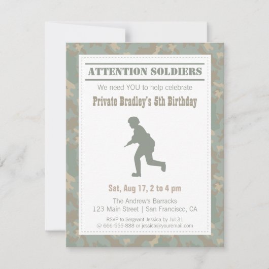 Invitation Camo Print Soldier Silhouette Army Anniversaire (Devant)