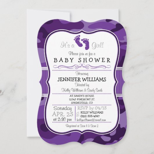 Invitation Camo violet violet, Baby shower Camouflage (Devant)