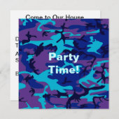 Invitation Camouflage bleu foncé et violet (Devant / Derrière)