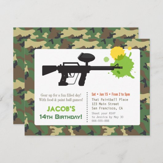 Invitation Camouflage Imprimer Paint ball Anniversaire (Devant / Derrière)