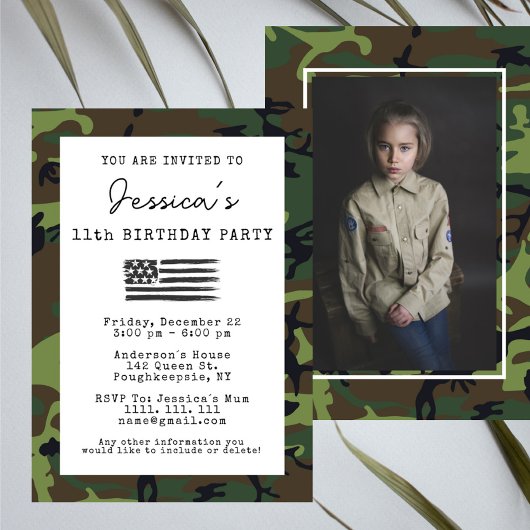Invitation Camouflage militaire USA Drapeau photo Anniversair