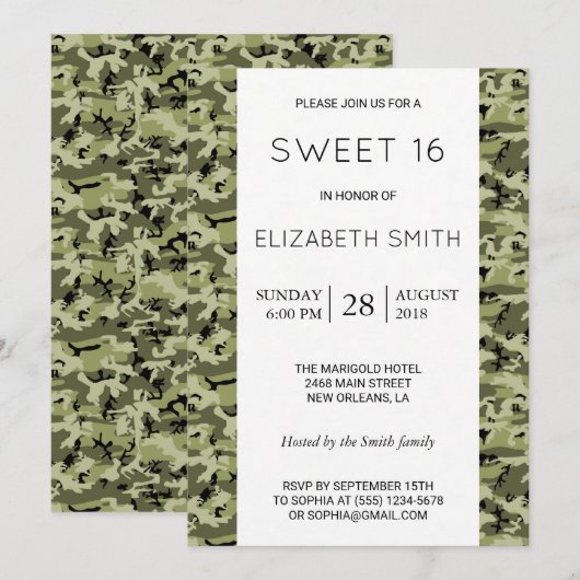 Invitation Camouflage Motif, Camo, Militaire, Sweet 16 (Devant / Derrière)