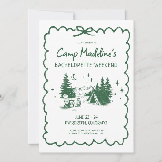 Invitation Camp Bachelorette Green Bow Itinéraire de camping (Devant)