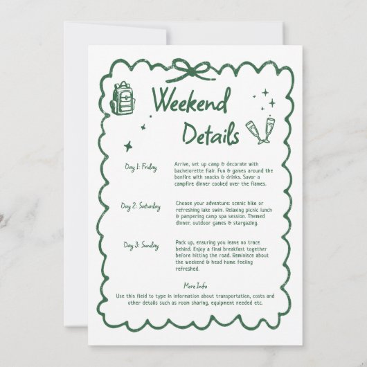 Invitation Camp Bachelorette Green Bow Itinéraire de camping (Dos)