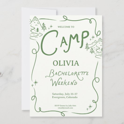 Invitation Camp Bachelorette Green Camping Itinerary  (Devant)