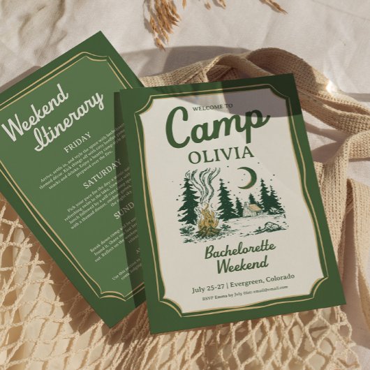 Invitation Camp Bachelorette Green Glamping Itinerary