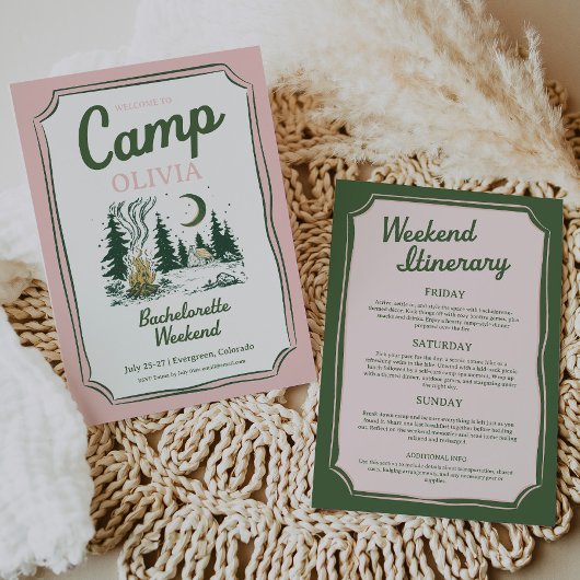 Invitation Camp Bachelorette Green Glamping Itinerary 