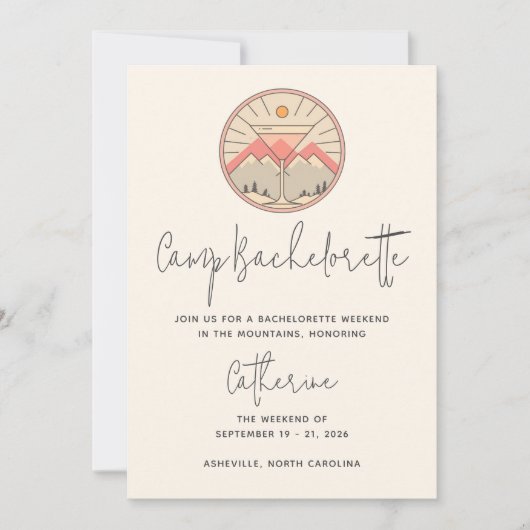 Invitation Camp Bachelorette Moderne Pink Script Week-end (Devant)