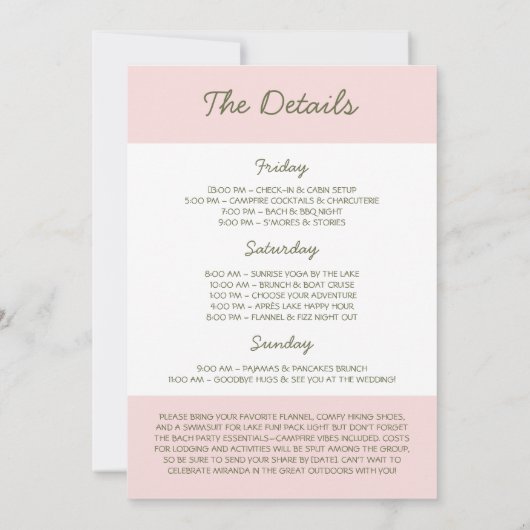 Invitation Camp d'été En vichy rose et vert Bachelorette (Dos)