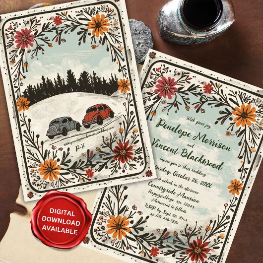 Invitation Campagne Cute Cars Boho Floral Mariage