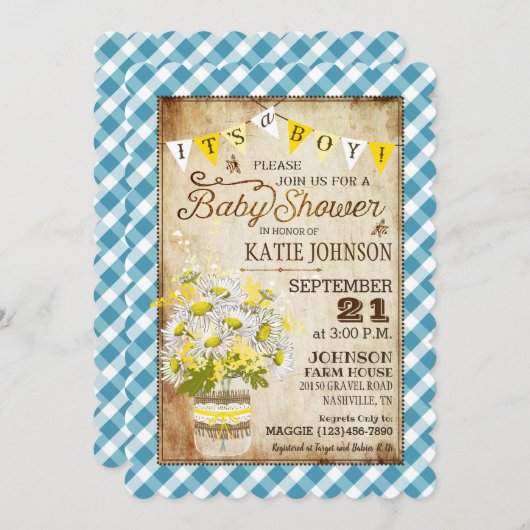 Invitation Campagne En vichy Vérifier Baby shower Garçon (Devant / Derrière)